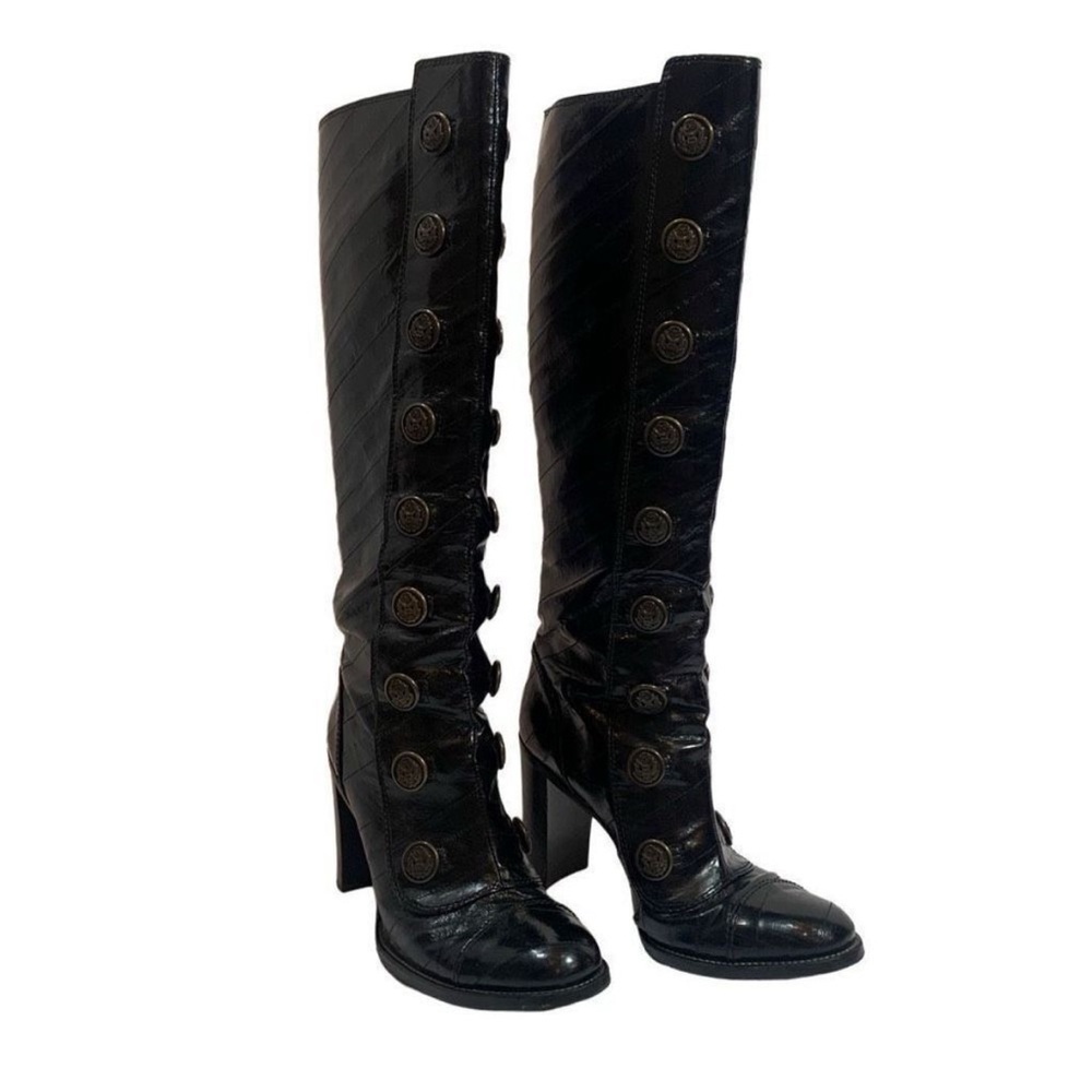 Dolce & Gabbana Women's Black Eel Skin Leather Anguilla Military Boots Size 9.5